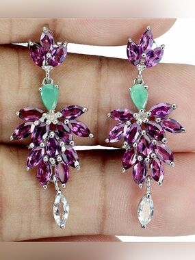 Stunning Natural Garnet Emerald & Aquamarine 925 Sterling Silver Dangle earrings